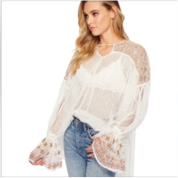 Free People Joyride Embroidered Sheer Blouse Size Large - Picture 6 of 14